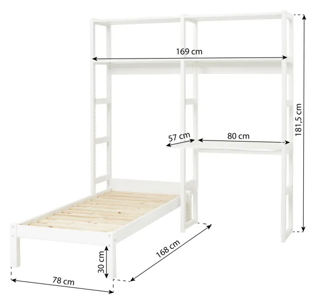 Hoppekids Storey Regalkombination 80cm mit Juniorbett 70x160cm, 4 Einlegeböden und Tischplatte weiß