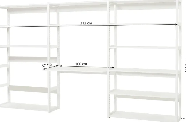 Hoppekids Storey Regalkombination 100cm mit 12 Regalböden und Tischplatte weiß
