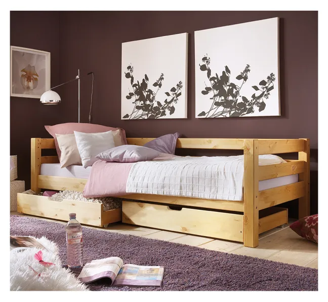 Infanskids Einzelbett mit 2 Rollschubkästen gelaugt 90 x 200cm