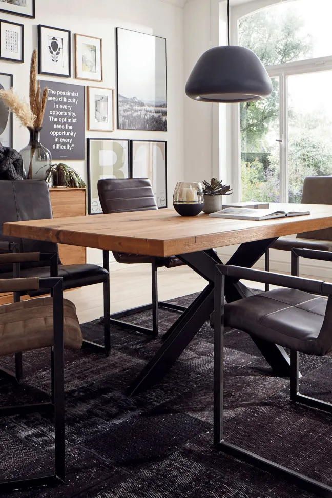 LifeConcept Esstisch 220x100cm Zerreiche Baumkante (6cm) Natur geölt mit Metall Spider-Gestell