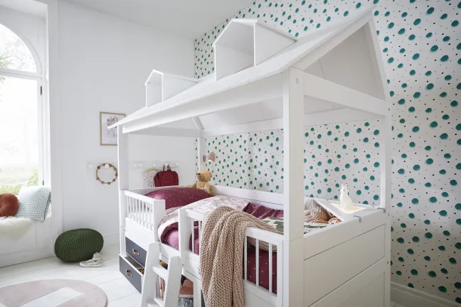 Lifetime Beachhouse Kojenbett 90x200cm mit Rollboden und Regalen weiß lackiert