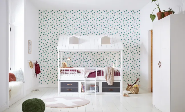 Lifetime Beachhouse Kojenbett 90x200cm mit Rollboden und Regalen weiß lackiert