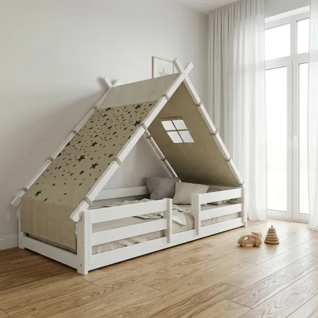 Lifetime Elements Montessori Tipibett Over the Moon 90x200cm mit Rollboden und Absturzsicherung weiß lackiert