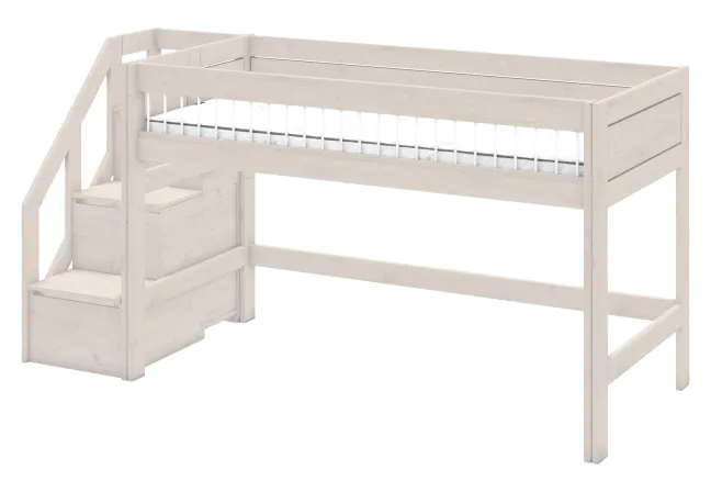 Lifetime halbhohes Bett 90x200cm mit Treppe und Deluxe Lattenrost Absturzsicherung Streben whitewash