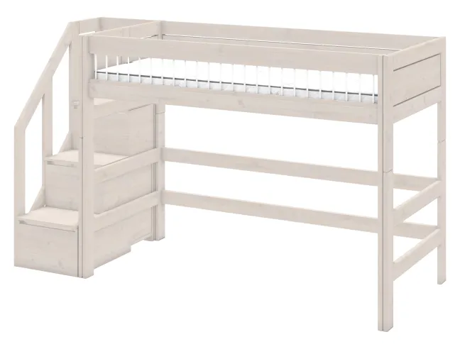 Lifetime Hochbett 152cm 90x200cm mit Treppe und Deluxe Lattenrost Absturzsicherung Streben whitewash