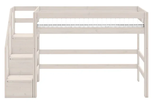 Lifetime Hochbett 152cm 90x200cm mit Treppe und Deluxe Lattenrost Absturzsicherung Streben whitewash