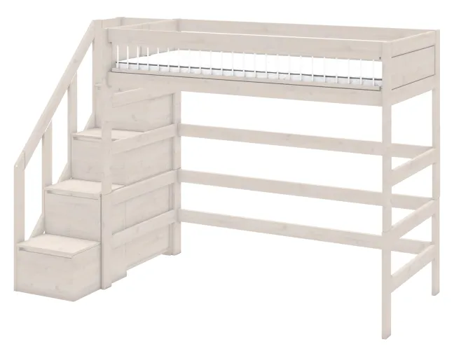 Lifetime Hochbett 90x200cm mit Treppe und Deluxe Lattenrost Absturzsicherung Streben whitewash