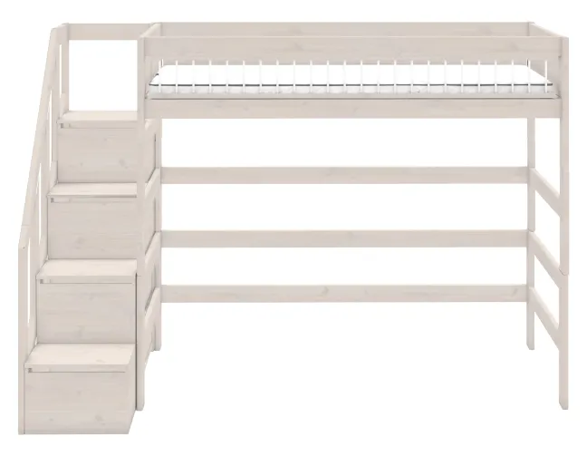 Lifetime Hochbett 90x200cm mit Treppe und Deluxe Lattenrost Absturzsicherung Streben whitewash