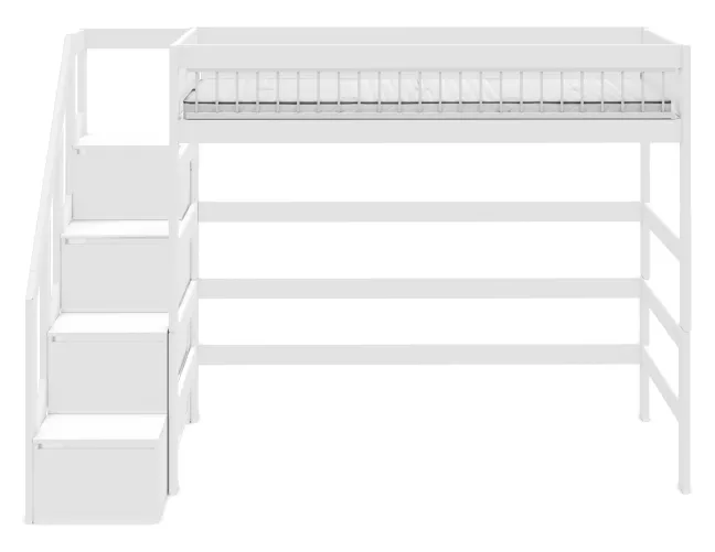 Lifetime Hochbett 90x200cm mit Treppe und Deluxe Lattenrost Absturzsicherung Streben weiß lackiert
