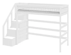 Lifetime Hochbett 90x200cm mit Treppe und Deluxe Lattenrost Absturzsicherung Streben weiß lackiert