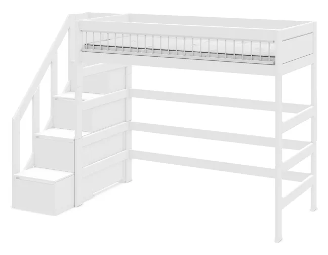Lifetime Hochbett 90x200cm mit Treppe und Deluxe Lattenrost Absturzsicherung Streben weiß lackiert