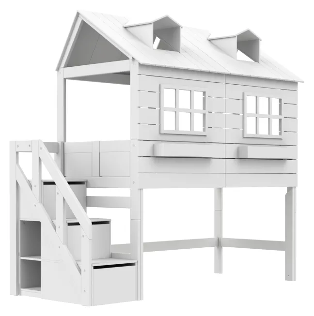 Lifetime Lake House halbhohes Hüttenbett 90x200cm mit Rollrost und Treppe weiß lackiert