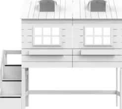 Lifetime Lake House halbhohes Hüttenbett 90x200cm mit Rollrost und Treppe weiß lackiert