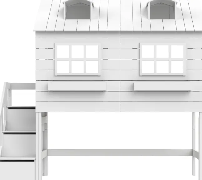 Lifetime Lake House halbhohes Hüttenbett 90x200cm mit Rollrost und Treppe weiß lackiert