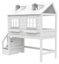 Lifetime Lake House halbhohes Hüttenbett 90x200cm mit Rollrost und Treppe weiß lackiert