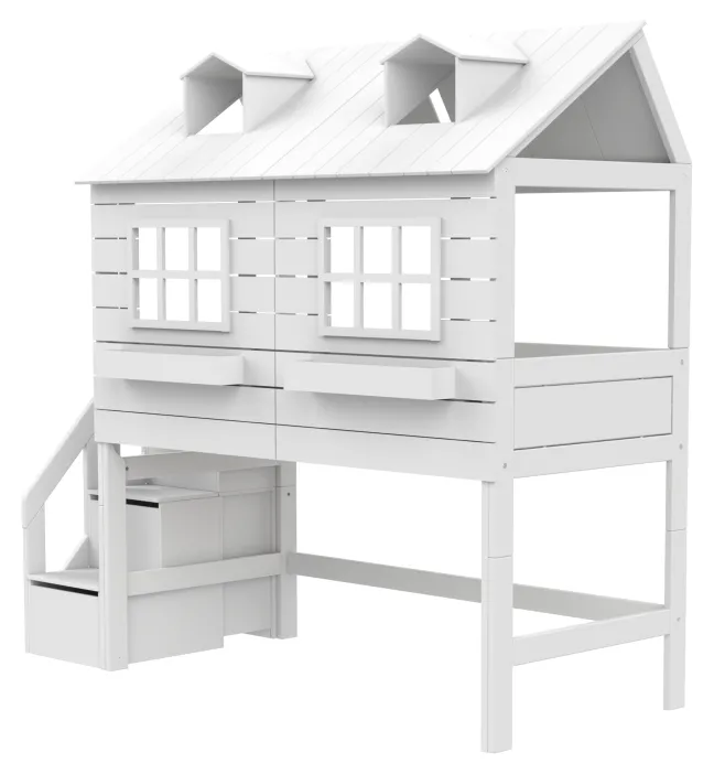 Lifetime Lake House halbhohes Hüttenbett 90x200cm mit Rollrost und Treppe weiß lackiert