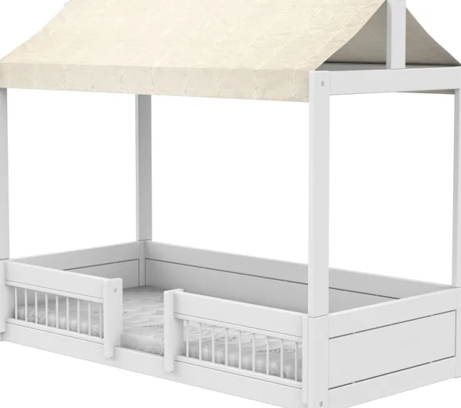 Lifetime Montessori Bett 90x200cm mit Dachaufsatz und Absturzsicherung weiß lackiert inkl. Himmel Essence natur