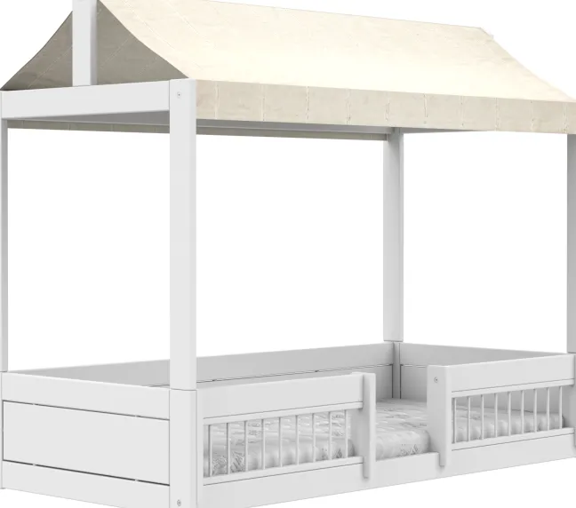 Lifetime Montessori Bett 90x200cm mit Dachaufsatz und Absturzsicherung weiß lackiert inkl. Himmel Essence natur