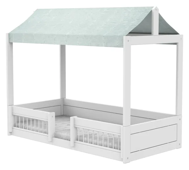 Lifetime Montessori Bett 90x200cm mit Dachaufsatz und Absturzsicherung weiß lackiert inkl. Himmel Essence Sage blau