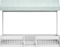 Lifetime Montessori Bett 90x200cm mit Dachaufsatz und Absturzsicherung weiß lackiert inkl. Himmel Essence Sage blau