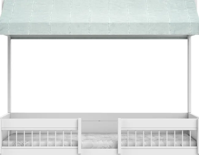 Lifetime Montessori Bett 90x200cm mit Dachaufsatz und Absturzsicherung weiß lackiert inkl. Himmel Essence Sage blau