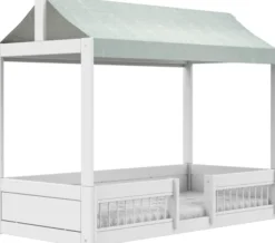 Lifetime Montessori Bett 90x200cm mit Dachaufsatz und Absturzsicherung weiß lackiert inkl. Himmel Essence Sage blau