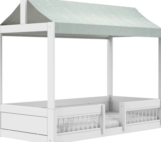 Lifetime Montessori Bett 90x200cm mit Dachaufsatz und Absturzsicherung weiß lackiert inkl. Himmel Essence Sage blau