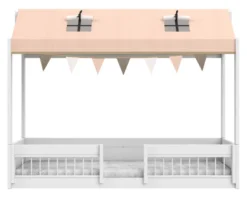 Lifetime Montessori Bett 90x200cm mit Dachaufsatz und Absturzsicherung weiß lackiert inkl. Himmel Happy Rabbit