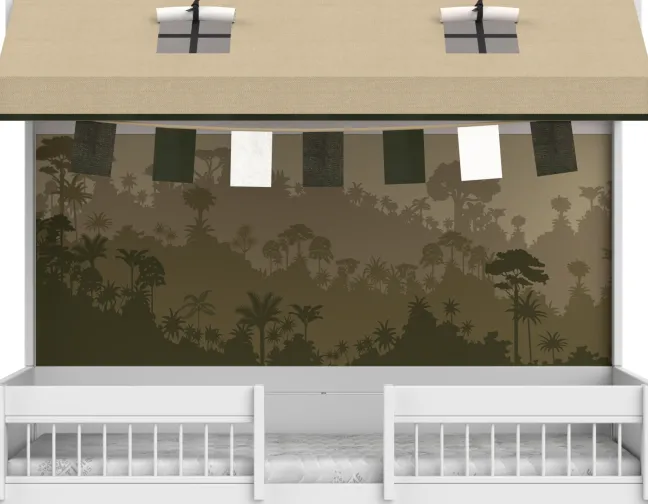 Lifetime Montessori Bett 90x200cm mit Dachaufsatz weiß lackiert inkl. Himmel & Stoffrückwand Panda Paradise