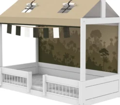 Lifetime Montessori Bett 90x200cm mit Dachaufsatz weiß lackiert inkl. Himmel & Stoffrückwand Panda Paradise