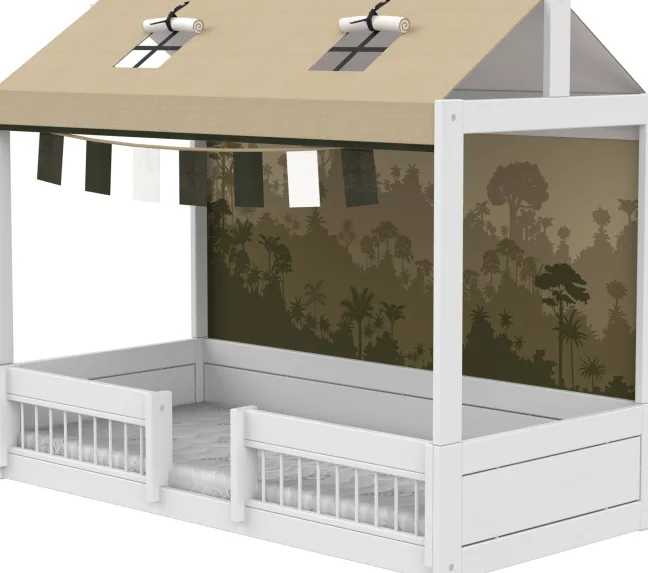Lifetime Montessori Bett 90x200cm mit Dachaufsatz weiß lackiert inkl. Himmel & Stoffrückwand Panda Paradise