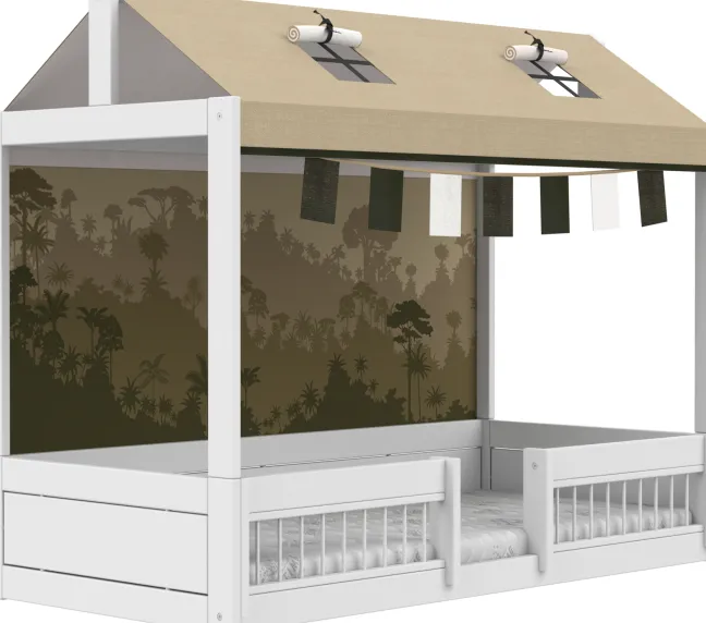 Lifetime Montessori Bett 90x200cm mit Dachaufsatz weiß lackiert inkl. Himmel & Stoffrückwand Panda Paradise