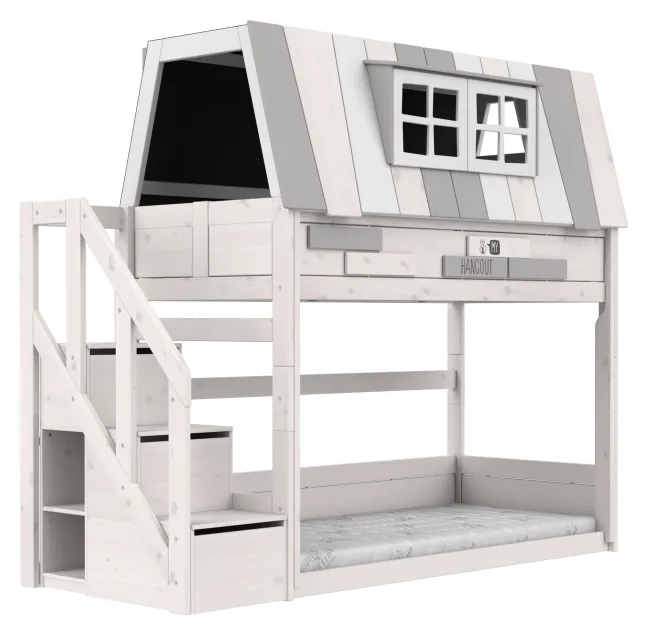 Lifetime niedriges Hangout Abenteuerbett 90x200cm mit Rollboden und Treppe whitewash