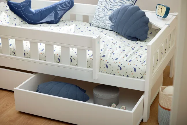 Lifetime Norden Basisbett 90x200cm mit Rollboden und Absturzsicherung und 2 Bettkästen weiß lackiert