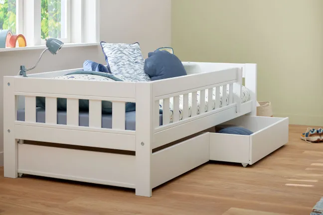 Lifetime Norden Basisbett 90x200cm mit Rollboden und Absturzsicherung und 2 Bettkästen weiß lackiert