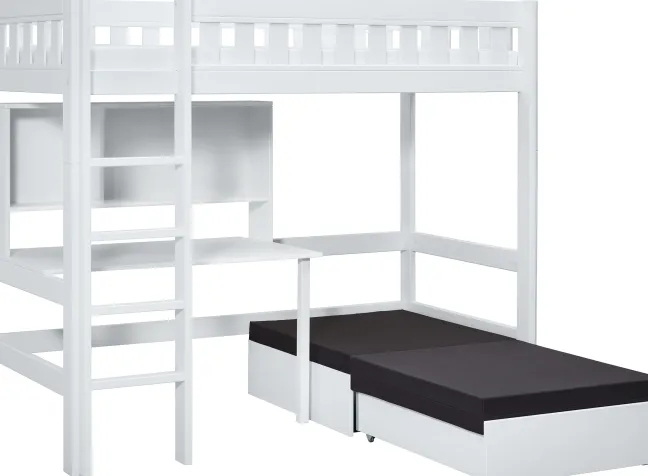 Lifetime Norden Hochbett 90x200cm mit Rollboden, Schreibtisch, Regal und Sofabett weiß