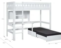 Lifetime Norden Hochbett 90x200cm mit Rollboden, Schreibtisch, Regal und Sofabett weiß