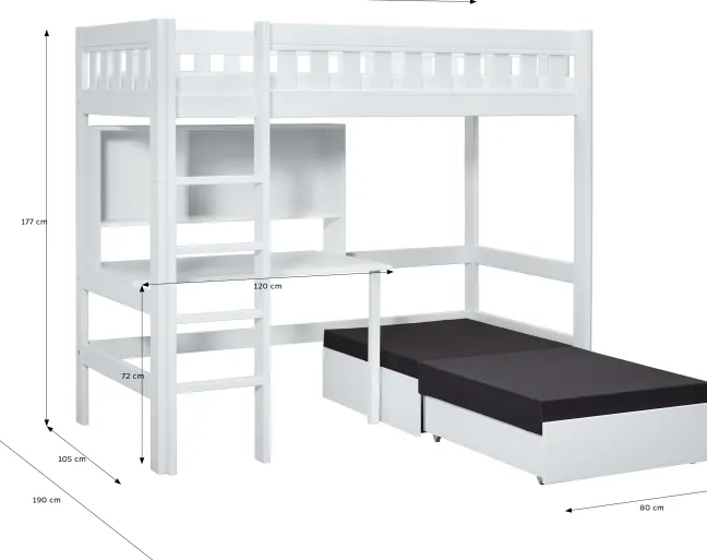 Lifetime Norden Hochbett 90x200cm mit Rollboden, Schreibtisch, Regal und Sofabett weiß