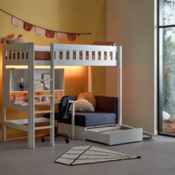 Lifetime Norden Hochbett 90x200cm mit Rollboden, Schreibtisch, Regal und Sofabett weiß