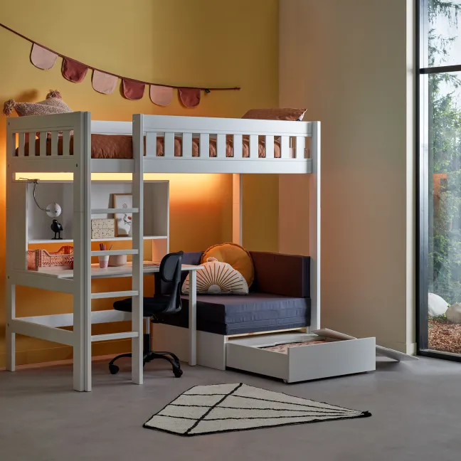 Lifetime Norden Hochbett 90x200cm mit Rollboden, Schreibtisch, Regal und Sofabett weiß