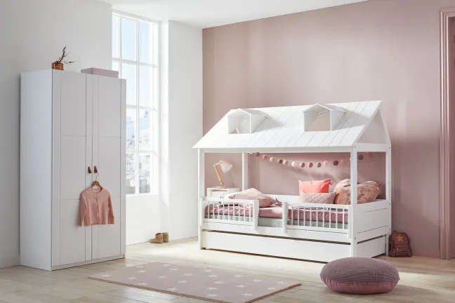 Lifetime Schrank 100cm mit 2 Türen, Einteilung und Kleiderstange weiß lackiert
