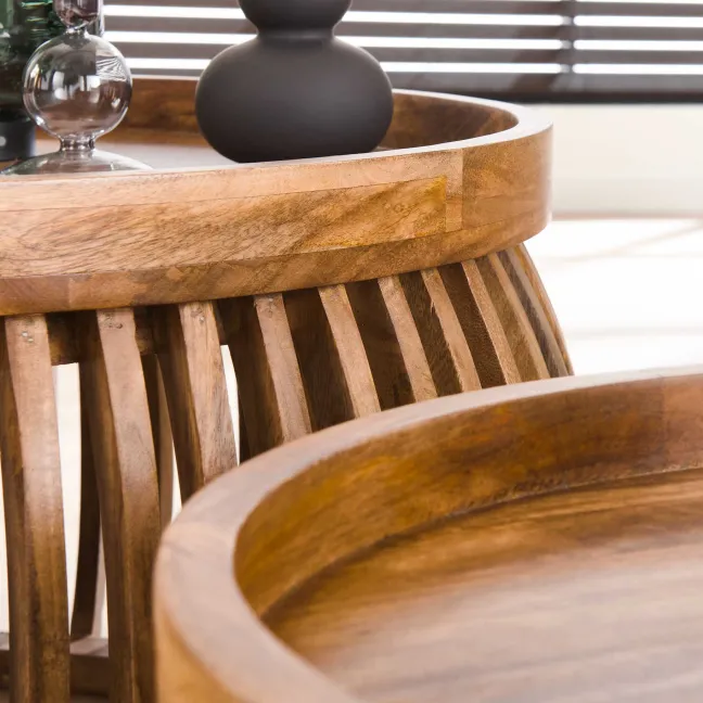 Rubjerg Design Couchtisch 2er Set Tweak Curve Ø80/Ø60cm Mangoholz massiv sandfarben