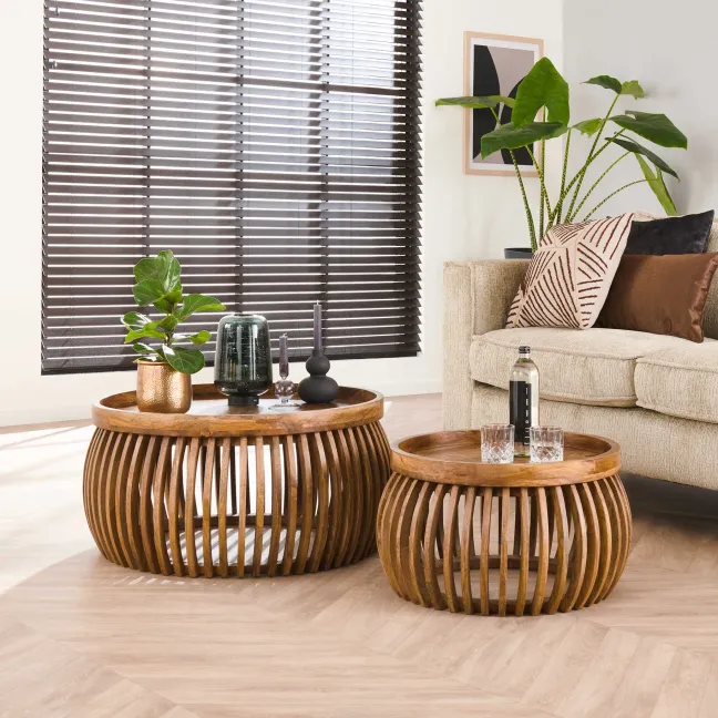 Rubjerg Design Couchtisch 2er Set Tweak Curve Ø80/Ø60cm Mangoholz massiv sandfarben