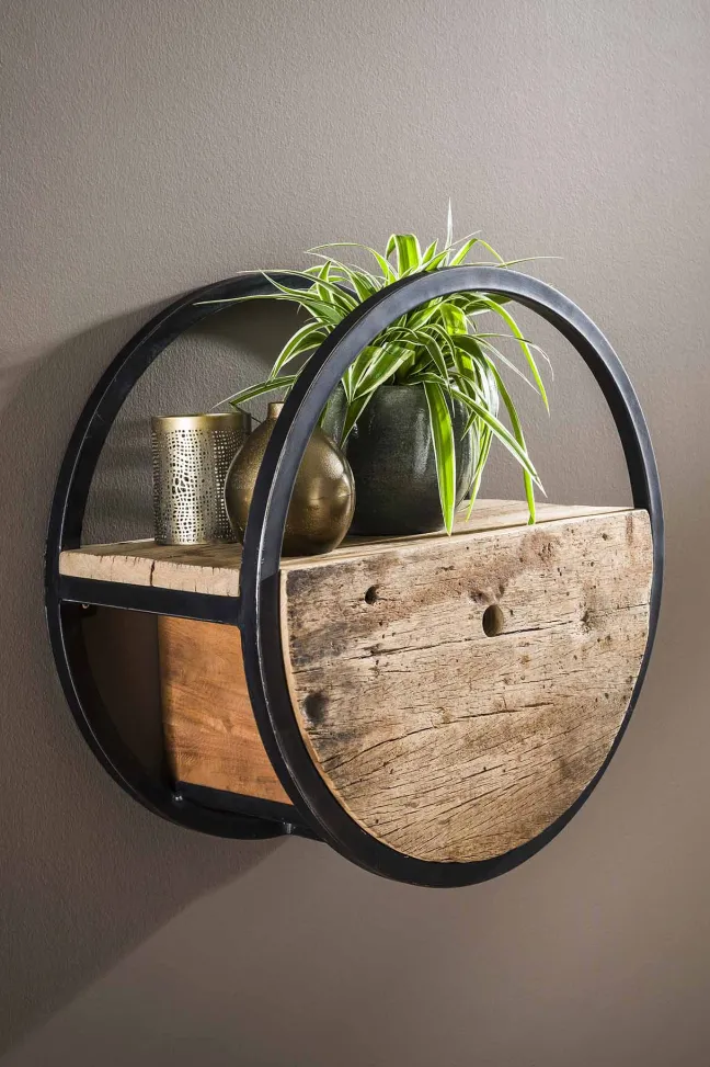 Rubjerg Design Wandregal Ø50cm rund mit Schublade Hartholz/Metall