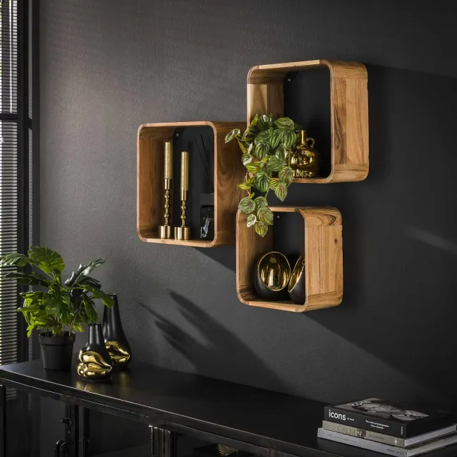Rubjerg Design Wandregal 3er Set viereckig Akazie massiv natur