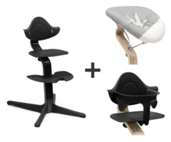 STOKKE® Nomi® Hochstuhl Buche schwarz/schwarz + Newborn sand + Baby Set