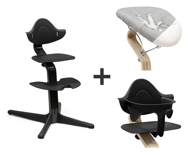 STOKKE® Nomi® Hochstuhl Buche schwarz/schwarz + Newborn sand + Baby Set