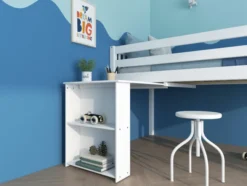 THUKA Nordic halbhohes Bett Crossbar mit gerader Leiter und ausziehbarem Schreibtisch weiß