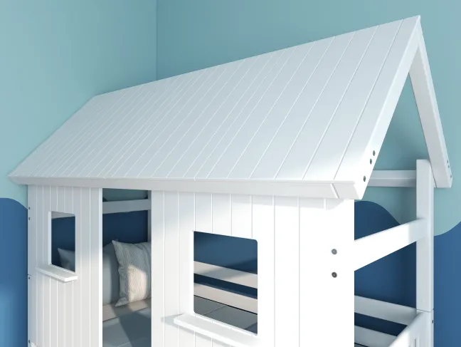 THUKA Nordic Hausbett Crossbar mit geschlossener Front, Dachpanele und 2 Schubladen weiß