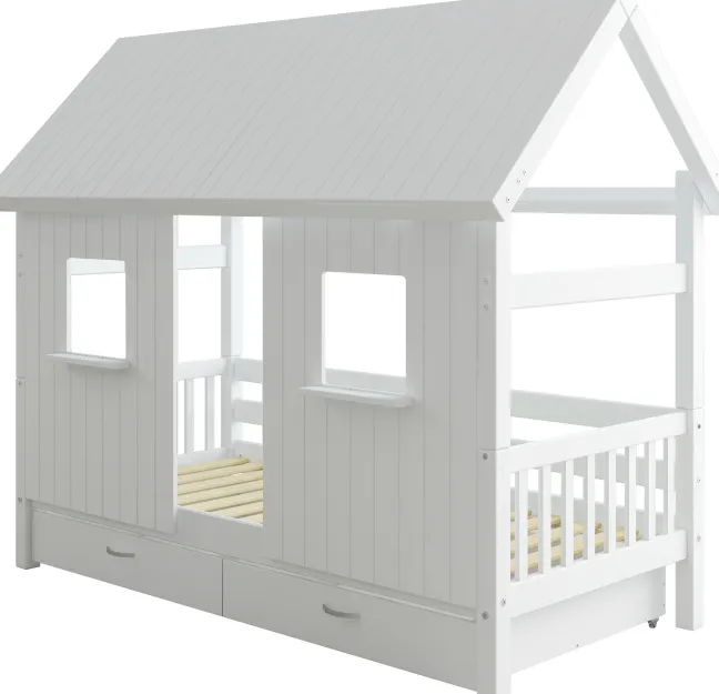 THUKA Nordic Hausbett Crossbar mit geschlossener Front, Dachpanele und 2 Schubladen weiß